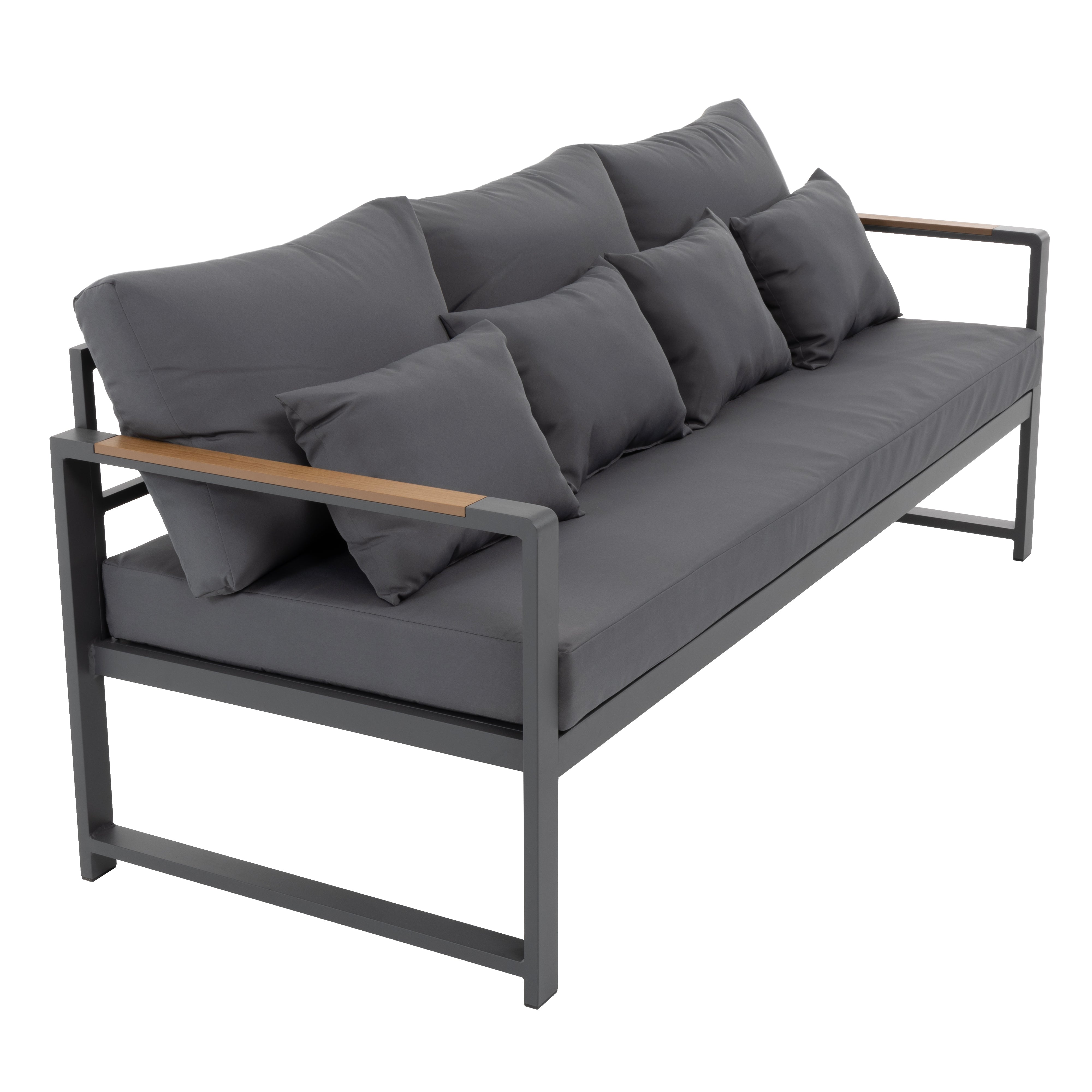 VESTIAMO CASA GIARDINO - Set da giardino 4 pezzi struttura in alluminio Antracite e braccioli in Polywood con cuscini Grigio Scuro - Formato da 1 divano, 2 poltrone e 1 tavolino